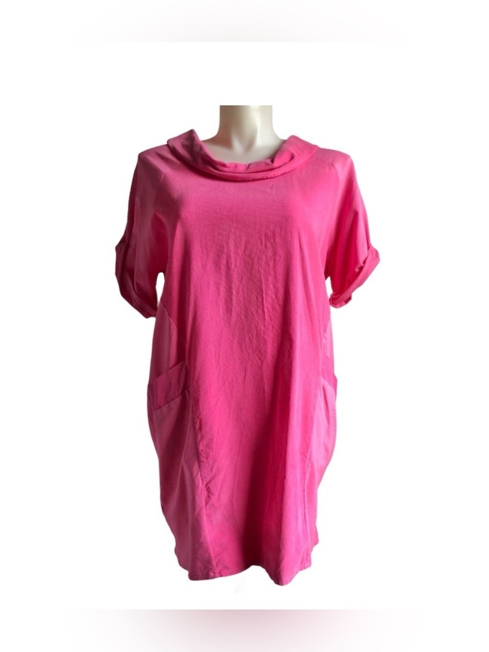 Made In Italy Dress Sz 12-16 Pink Black Buttons Cowl Collar Corduroy Cotton